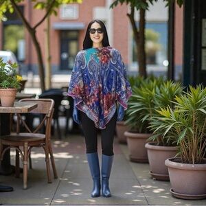 Etro Blue and Multicolor Sheer Silk Poncho